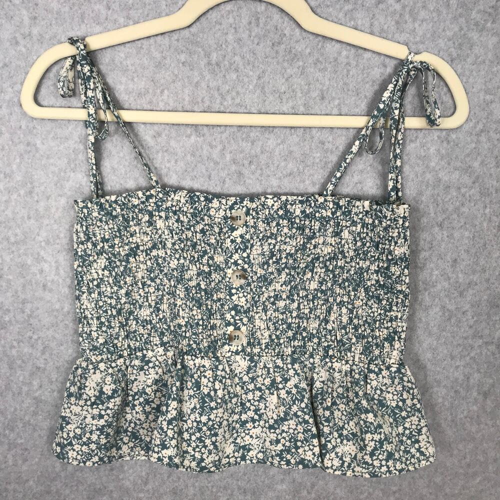 Paper Crane Crop Tank Top Small Blue Floral Smocked Tie Strap Cottage Milkmaid